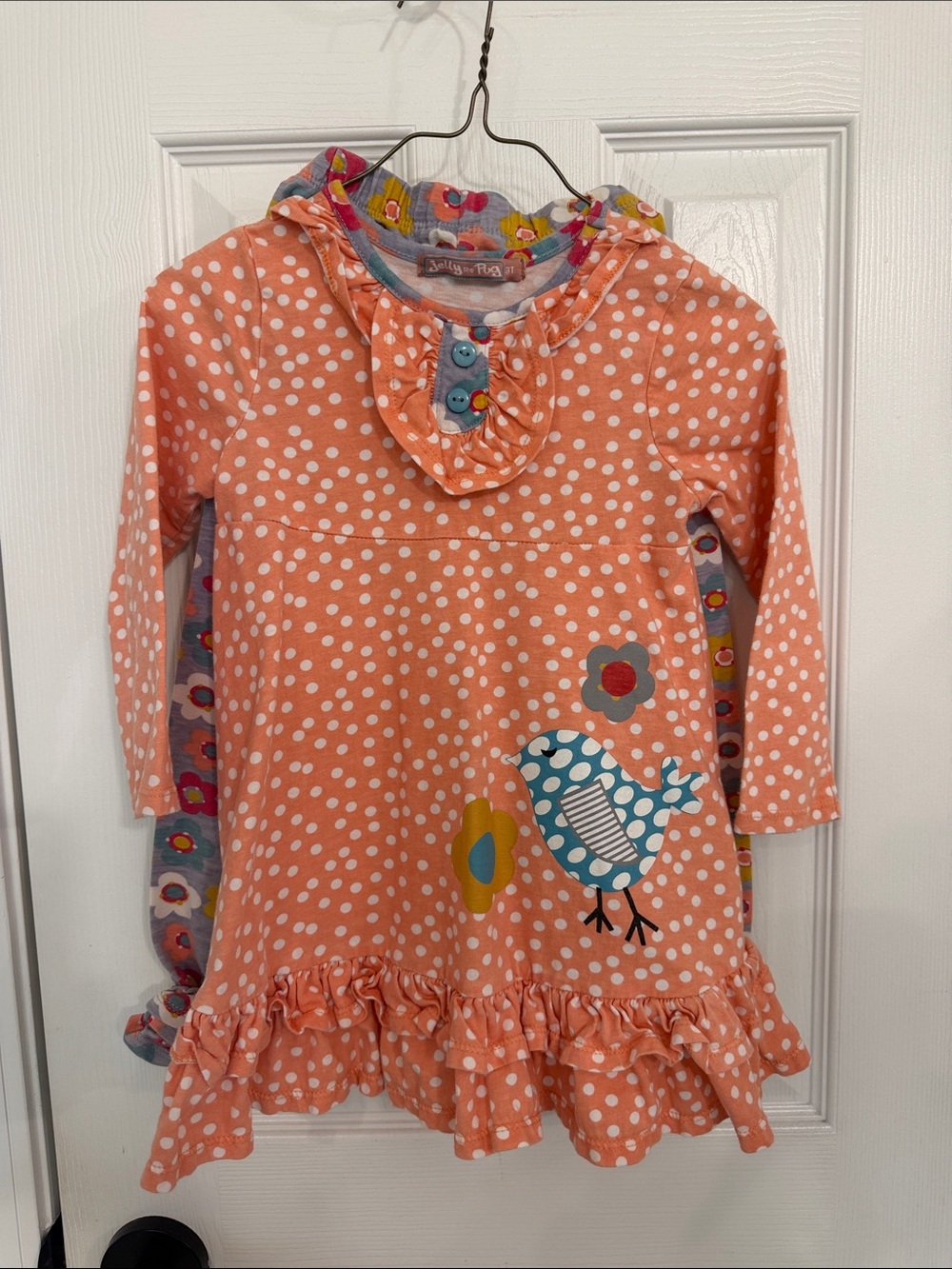Jelly The Pug Peach Polka Dot Dress Set with Blue Bird Accent